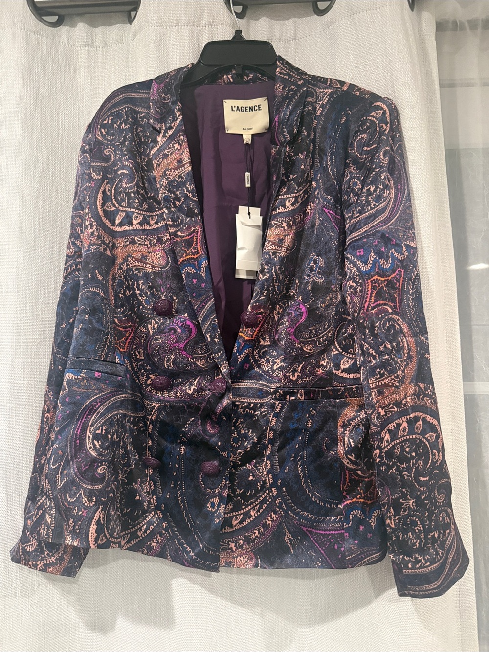 L'AGENCE Paisley Velvet Blazer in Navy & Purple